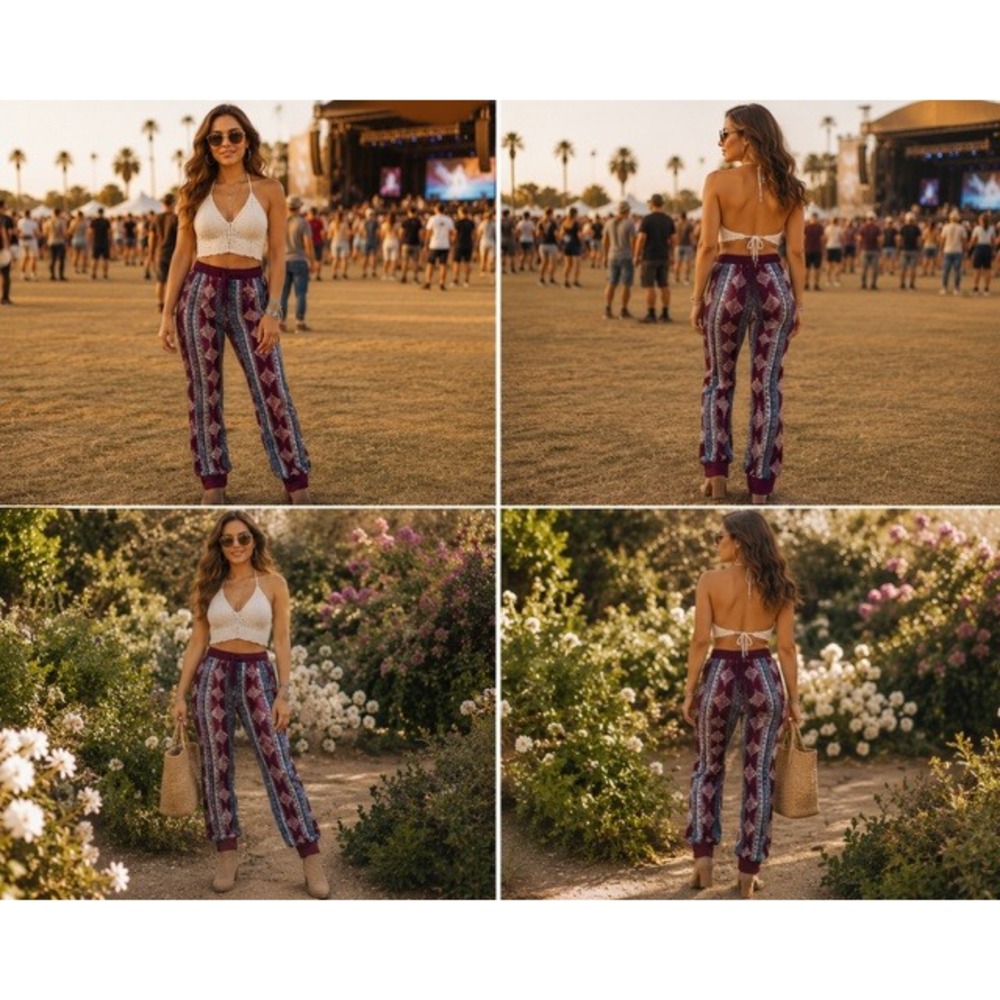 Pink Rose Vintage Boho Medallion Print Jogger Pants Burgundy Blue Womens Medium